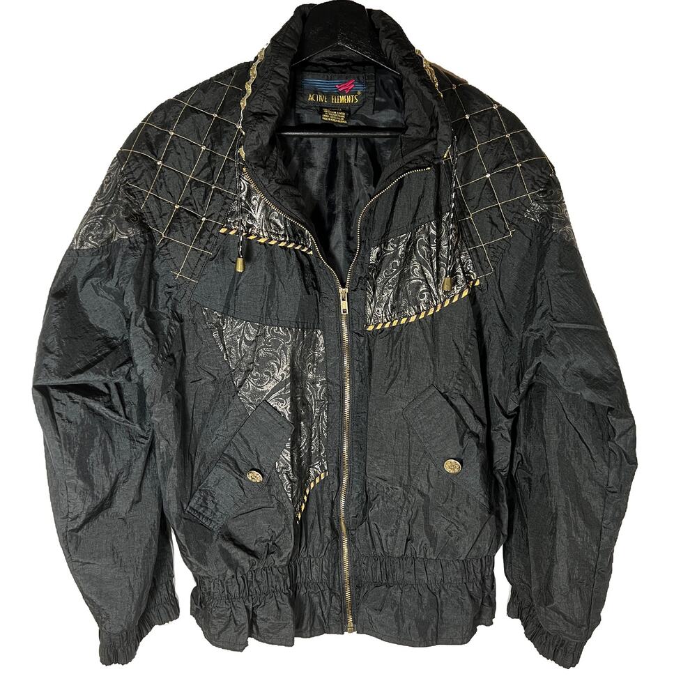 80s Track Jacket Black Gold And Silver, Hip Hop Crinkle Glam Nylon, Medium